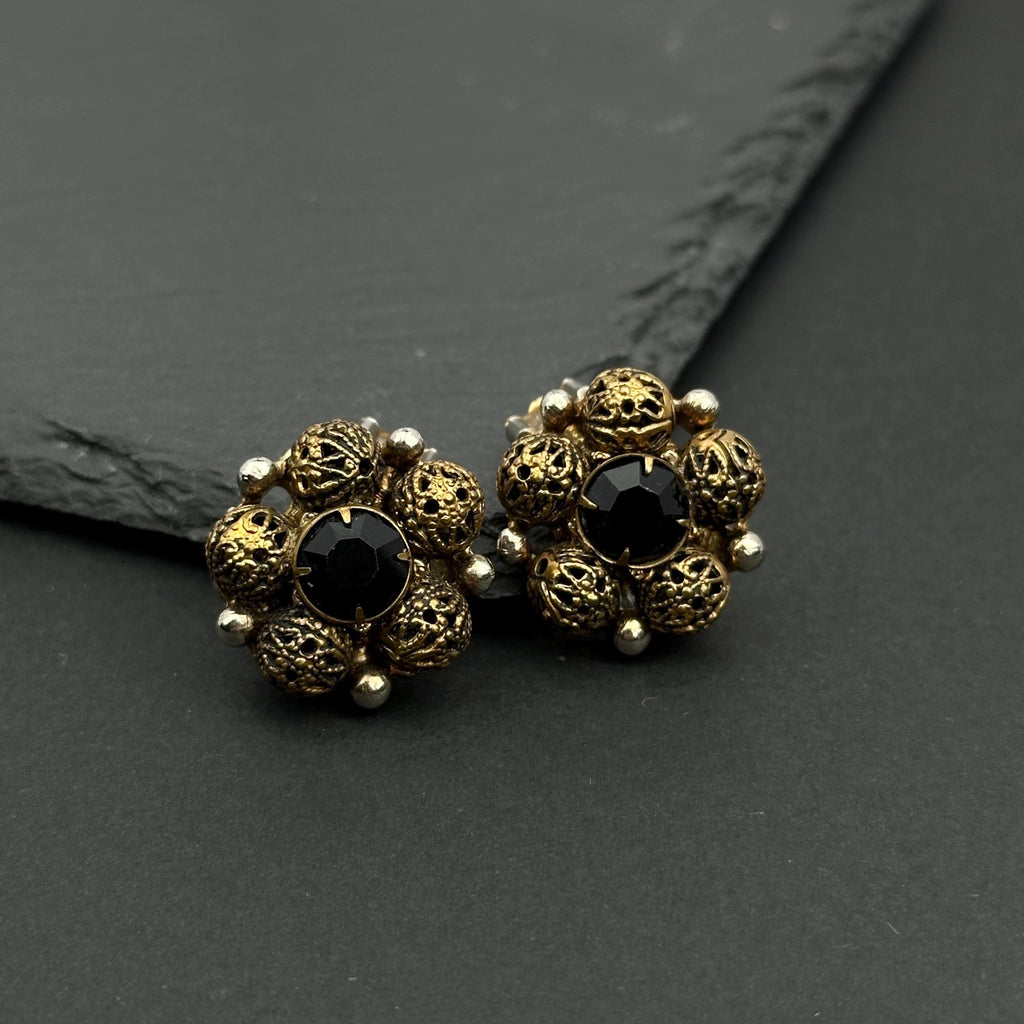 Vintage bronze tone and black crystal filigree clip-on earrings