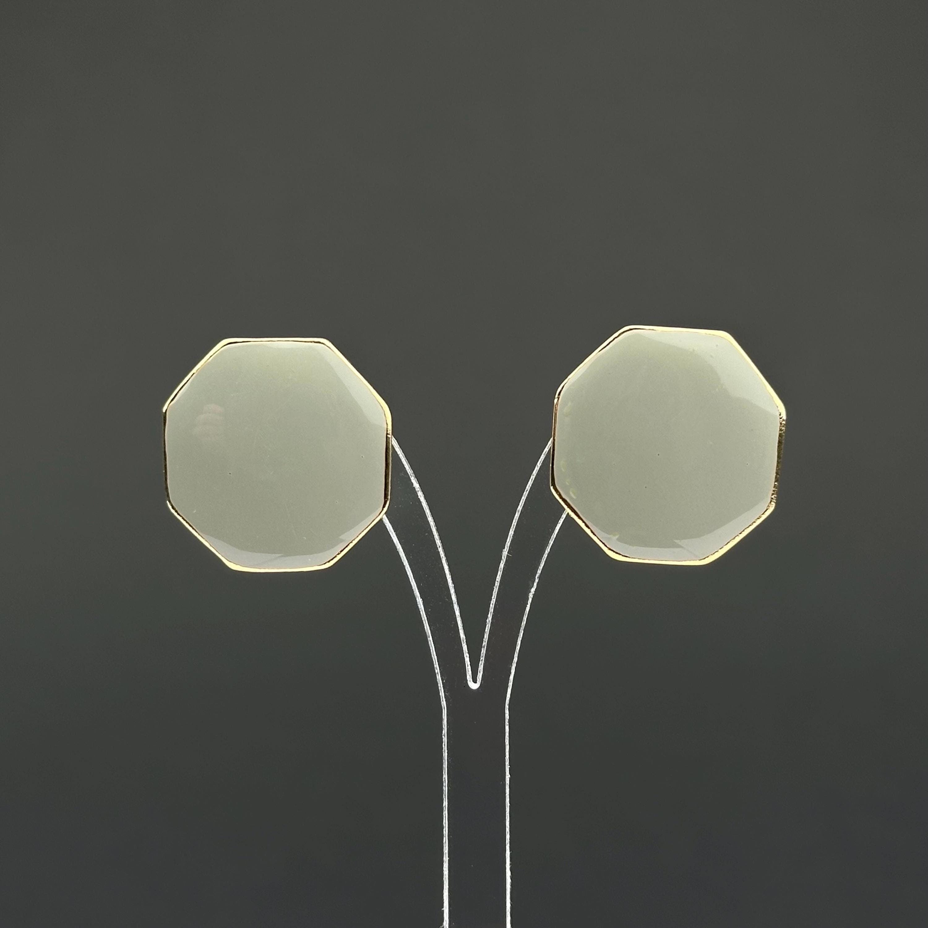 Vintage octagon gold tone & gray emanel earrings