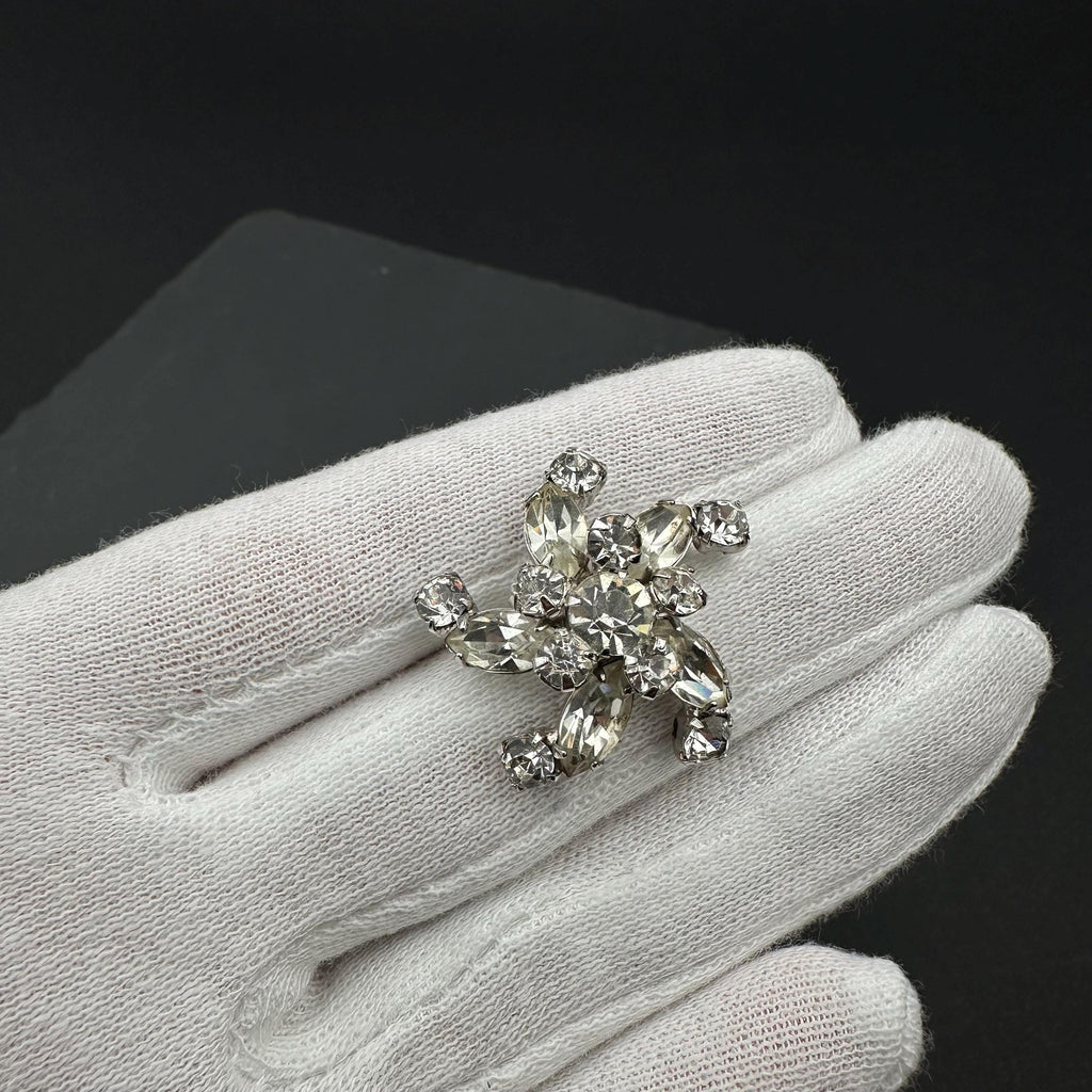 Vintage STERLING and clear rhinestones flower mini brooch