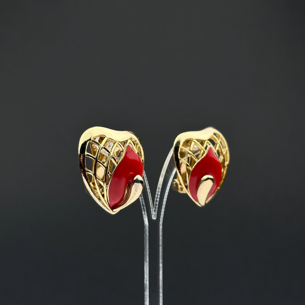 Vintage Balenciaga Paris gold tone and red enamel clip on earrings