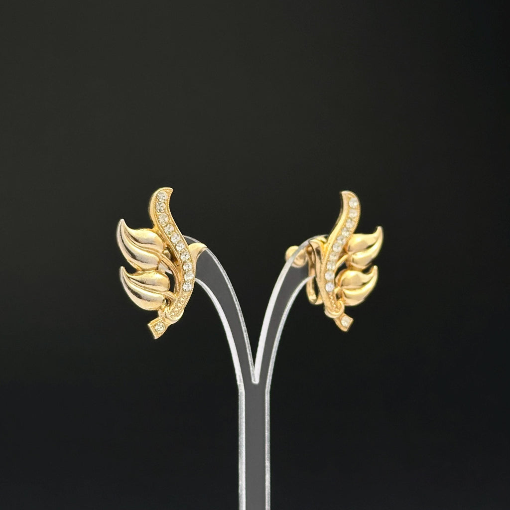 Vintage gold-tone leaf and clear rhinestones screw back earrings
