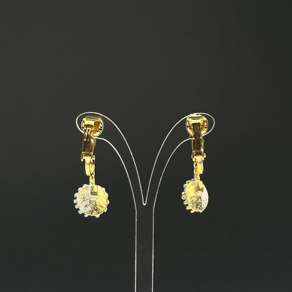 Vintage gold tone and gray enamel dangle drop clip on earrings
