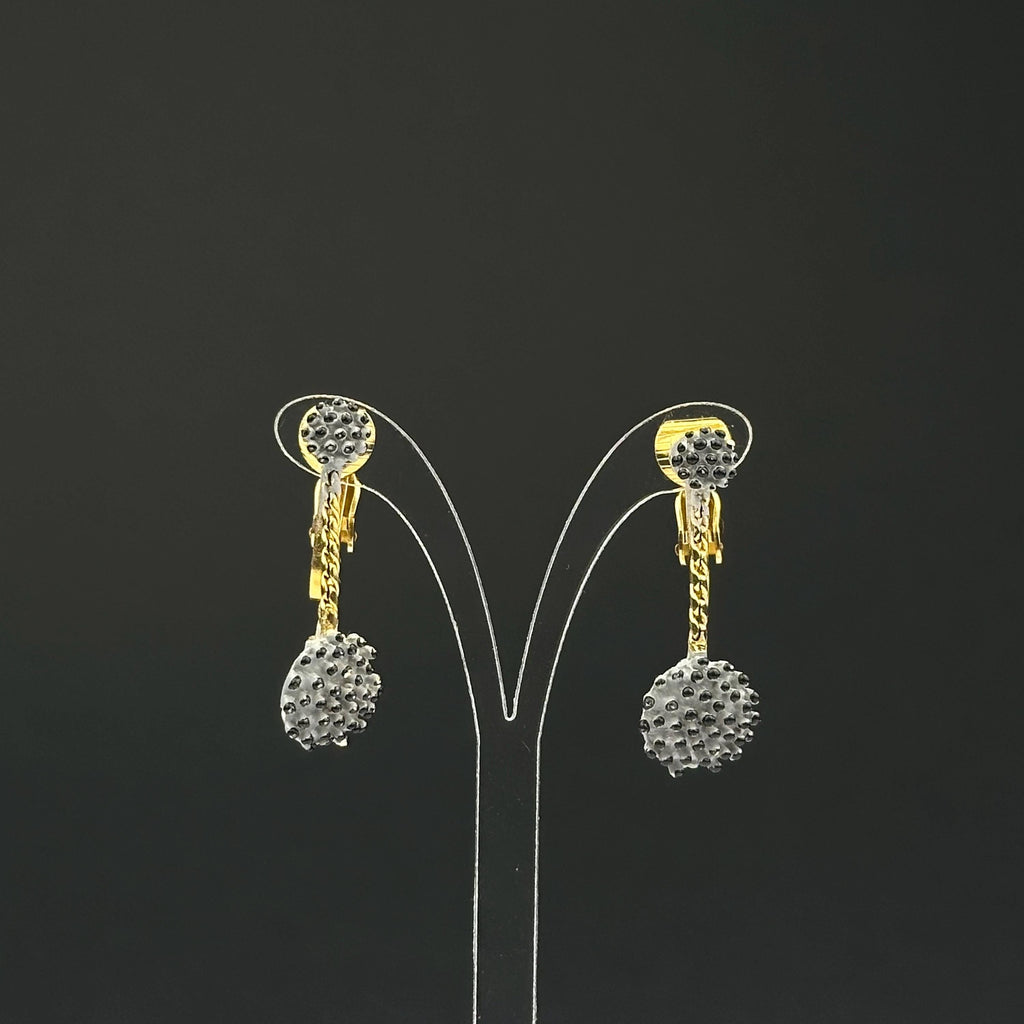 Vintage gold tone and gray enamel dangle drop clip on earrings