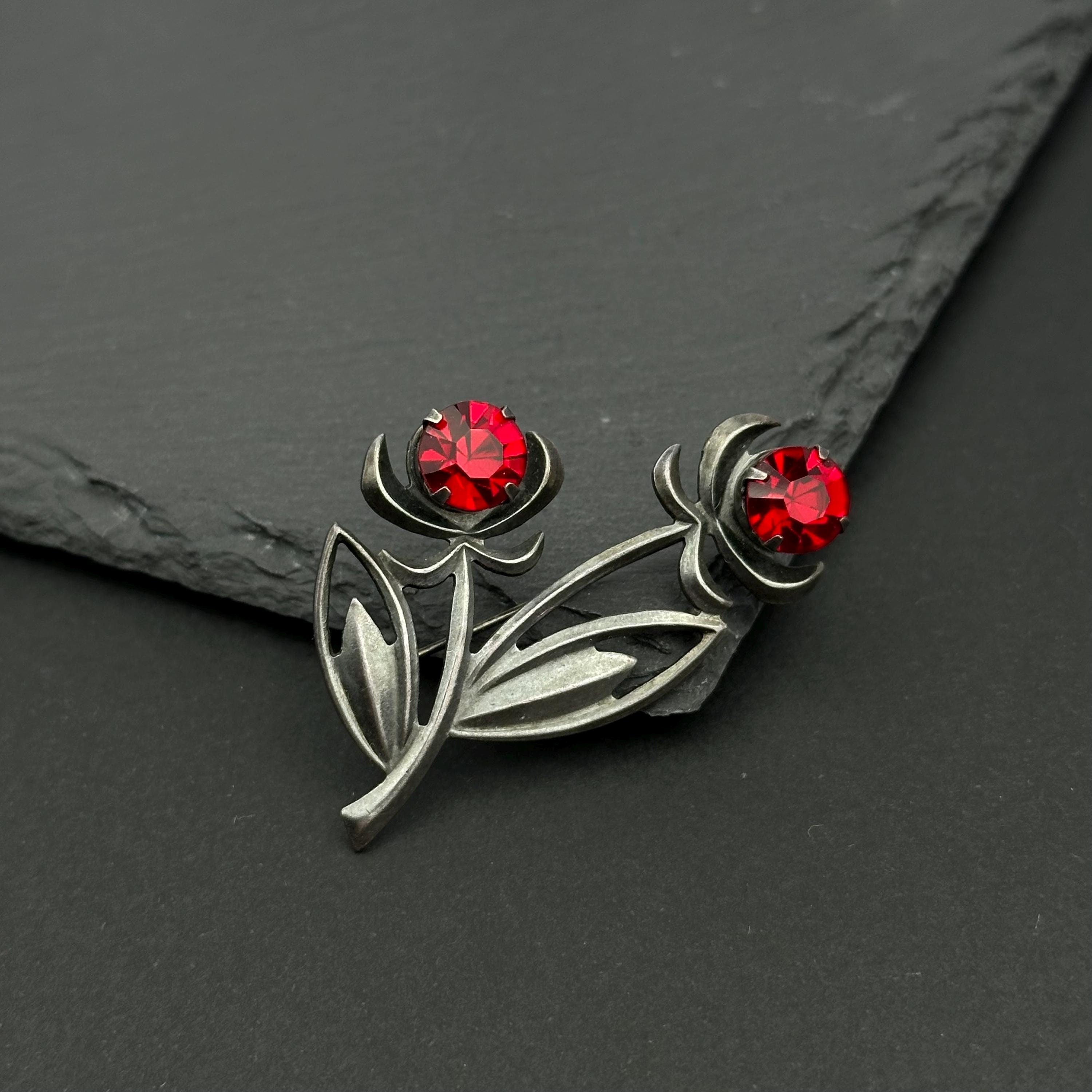 Vintage USSR silver - tone and red crystal rosebud brooch