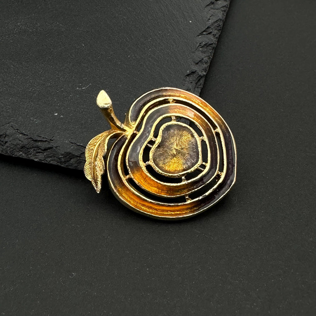 Vintage gold tone and brown enamel apple brooch