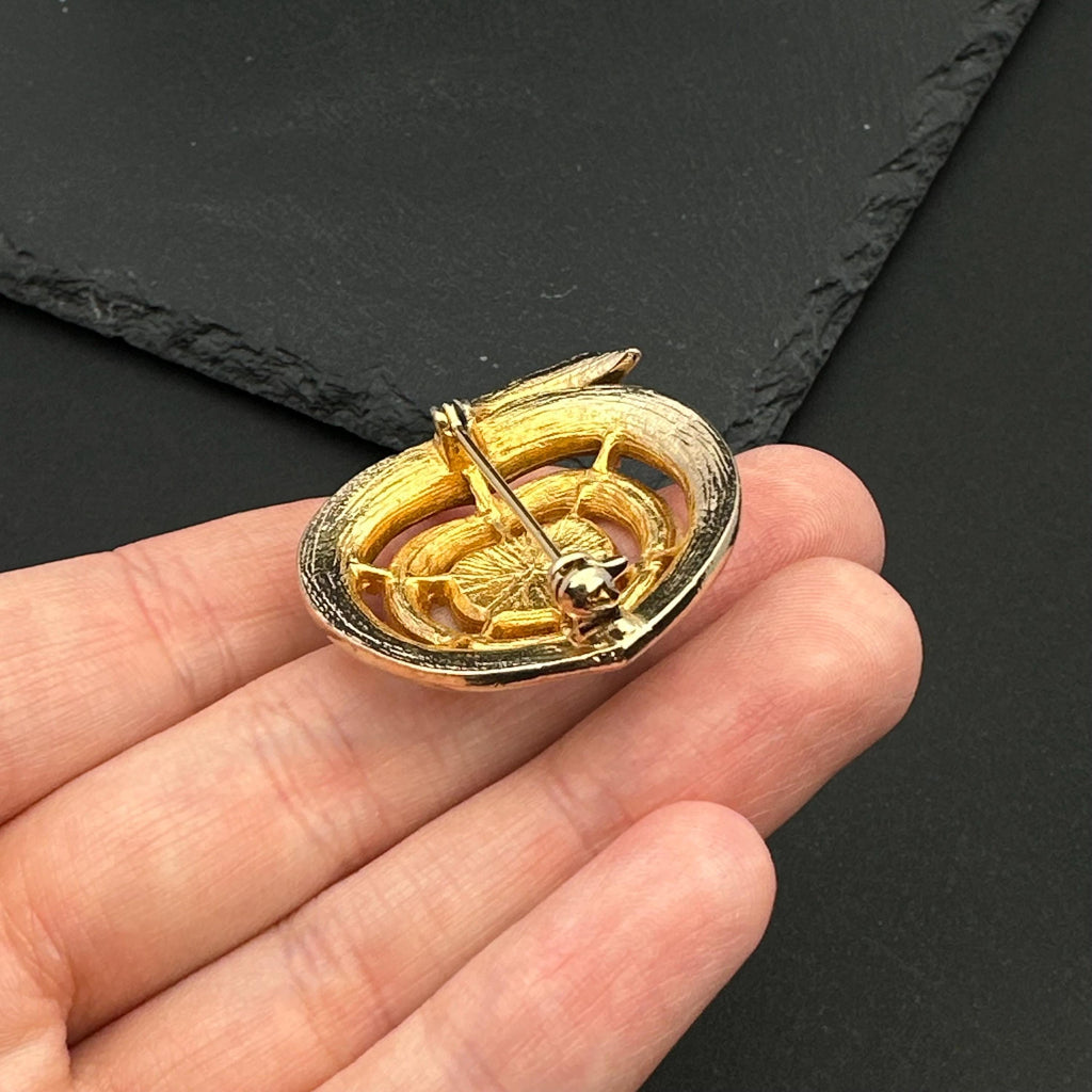 Vintage gold tone and brown enamel apple brooch