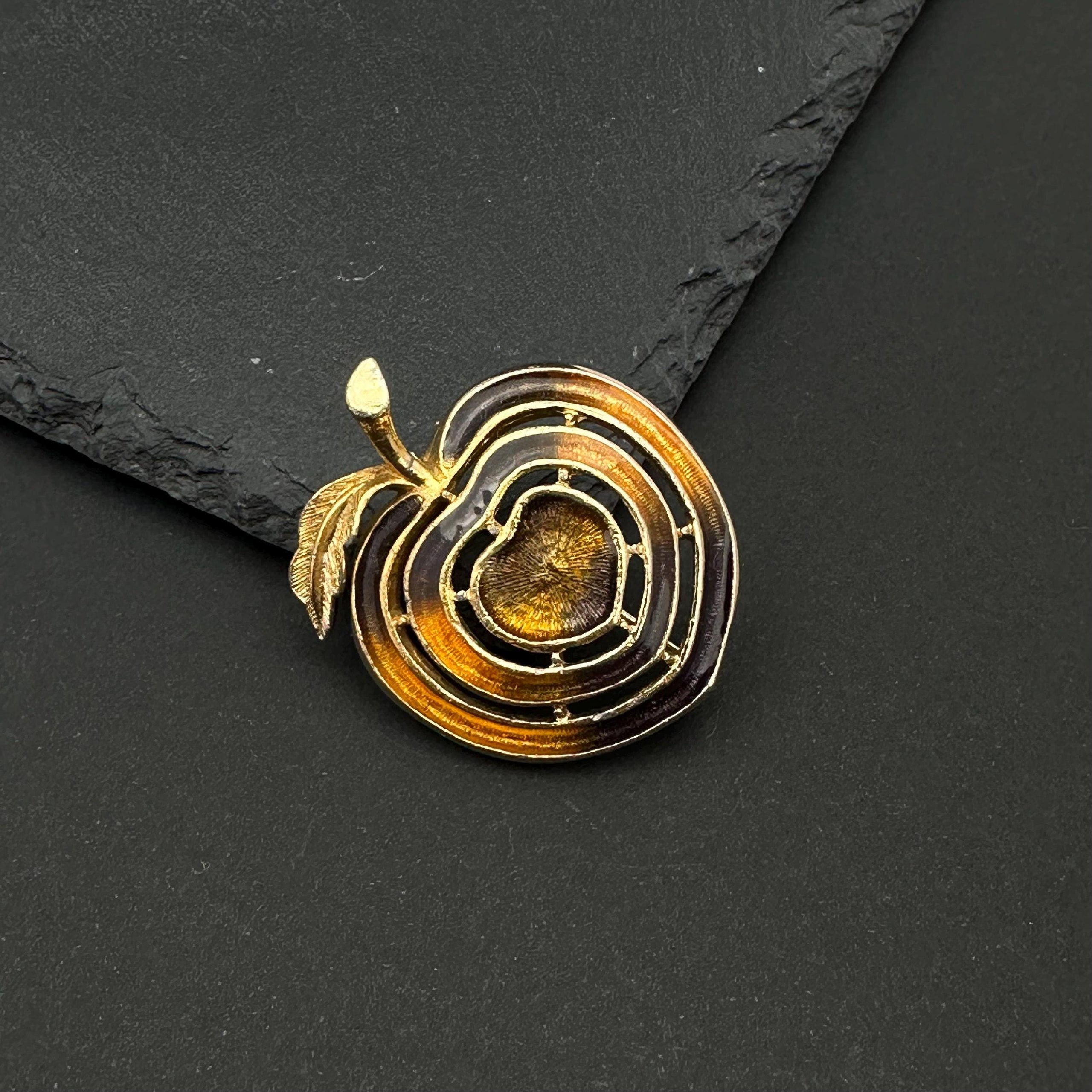 Vintage gold tone and brown enamel apple brooch