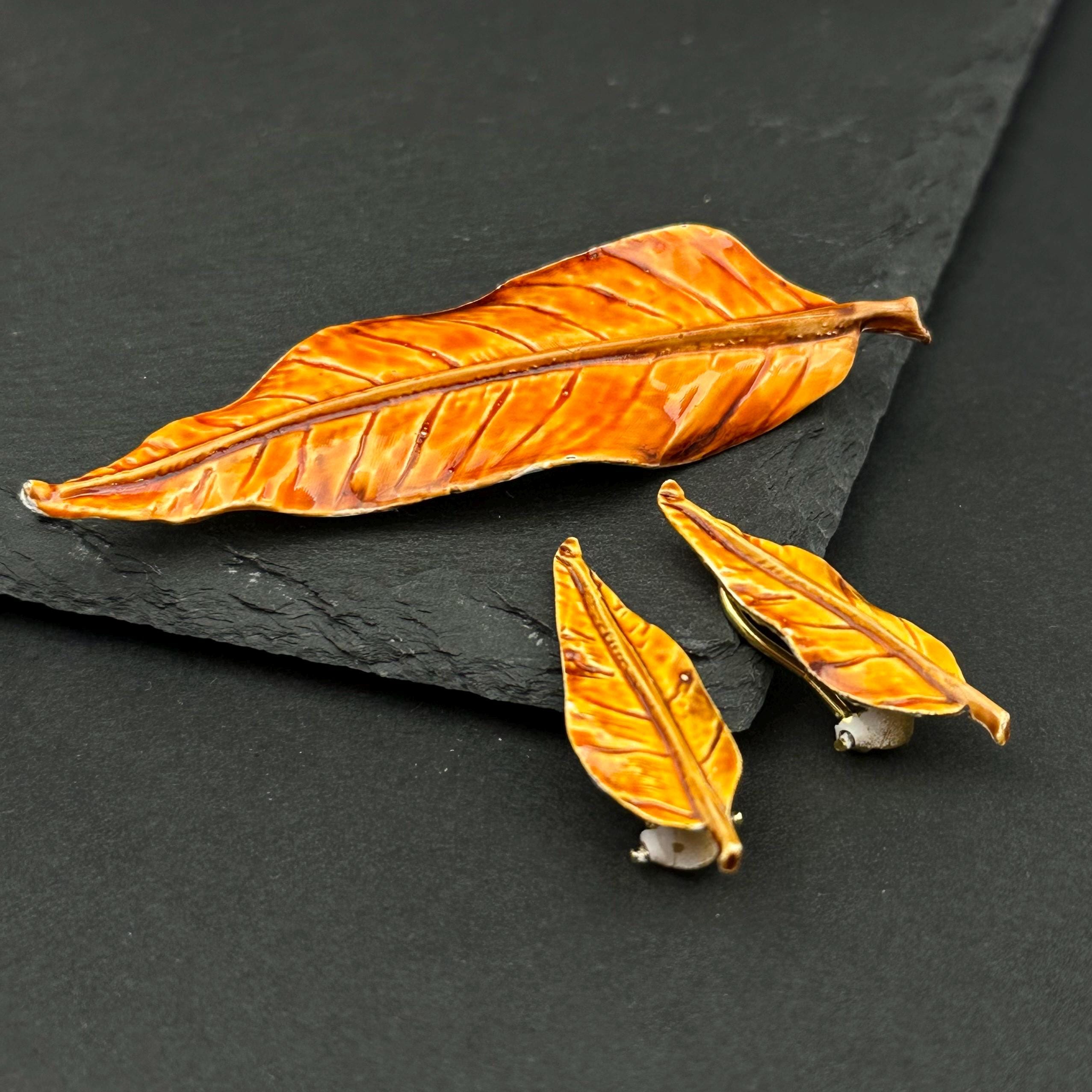 Vintage orange enamel leaf jewelry set