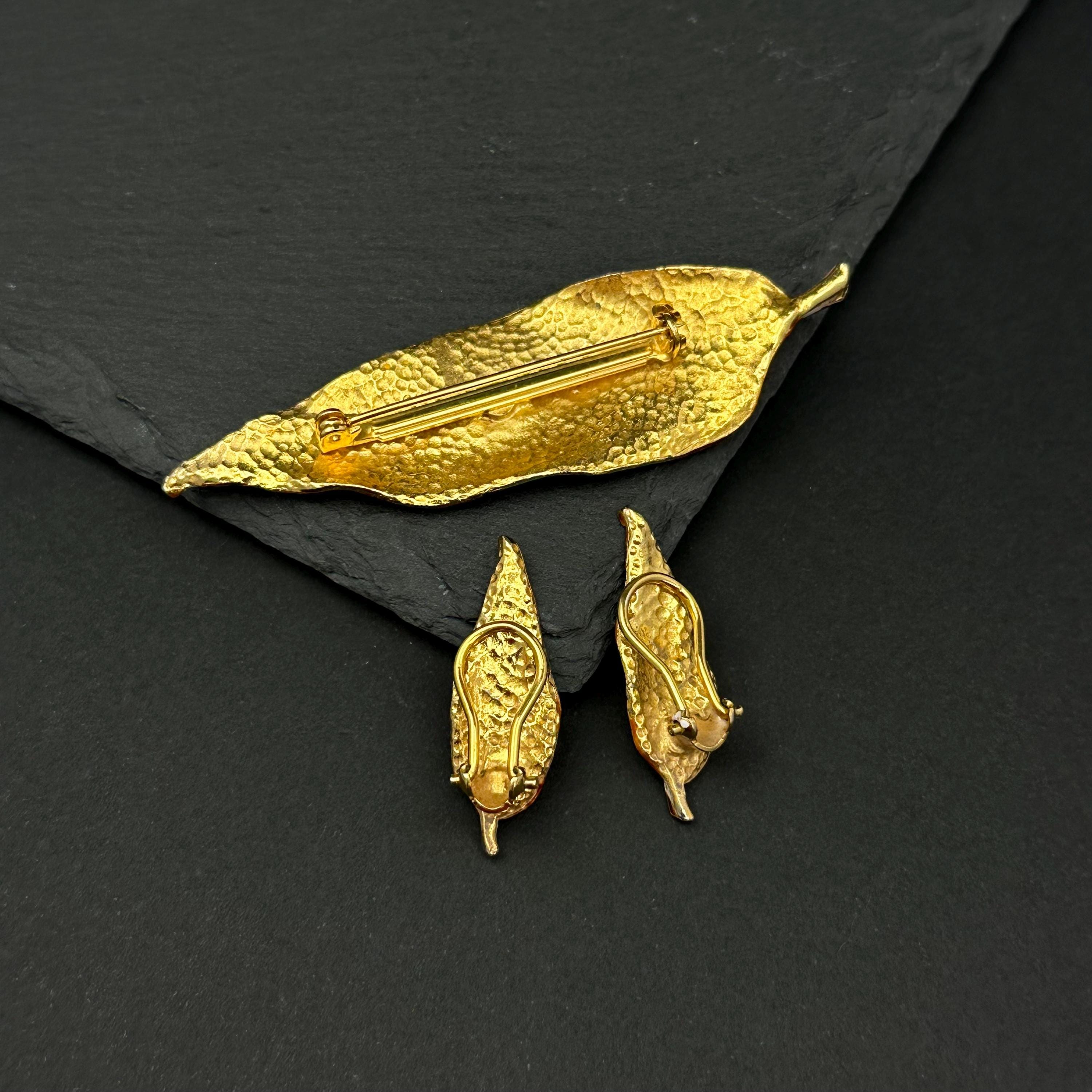 Vintage orange enamel leaf jewelry set