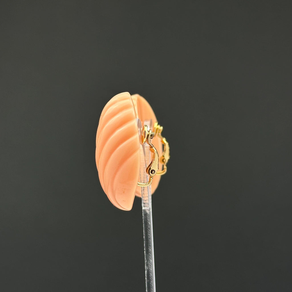 Vintage Trifari Peach Ribbed Plastic Clip On Earrings, 1980s