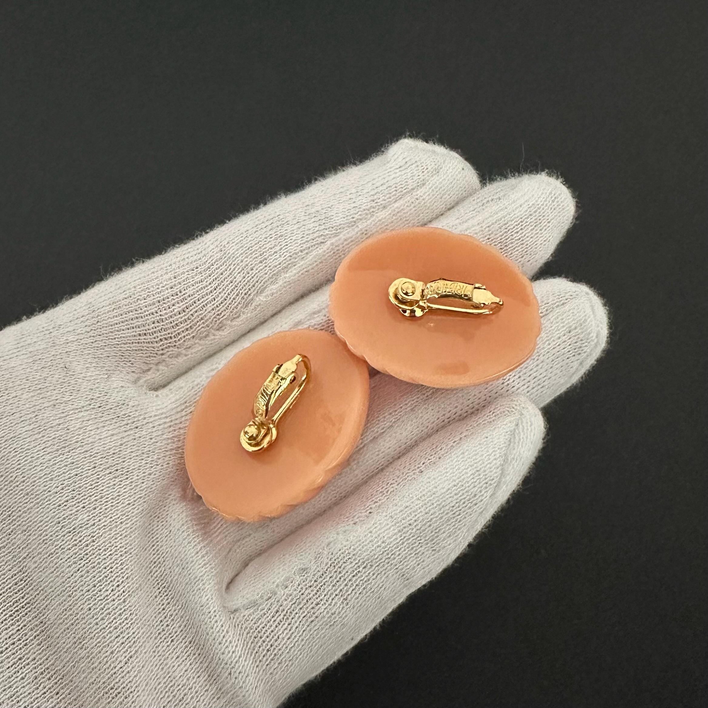 Vintage Trifari Peach Ribbed Plastic Clip On Earrings, 1980s