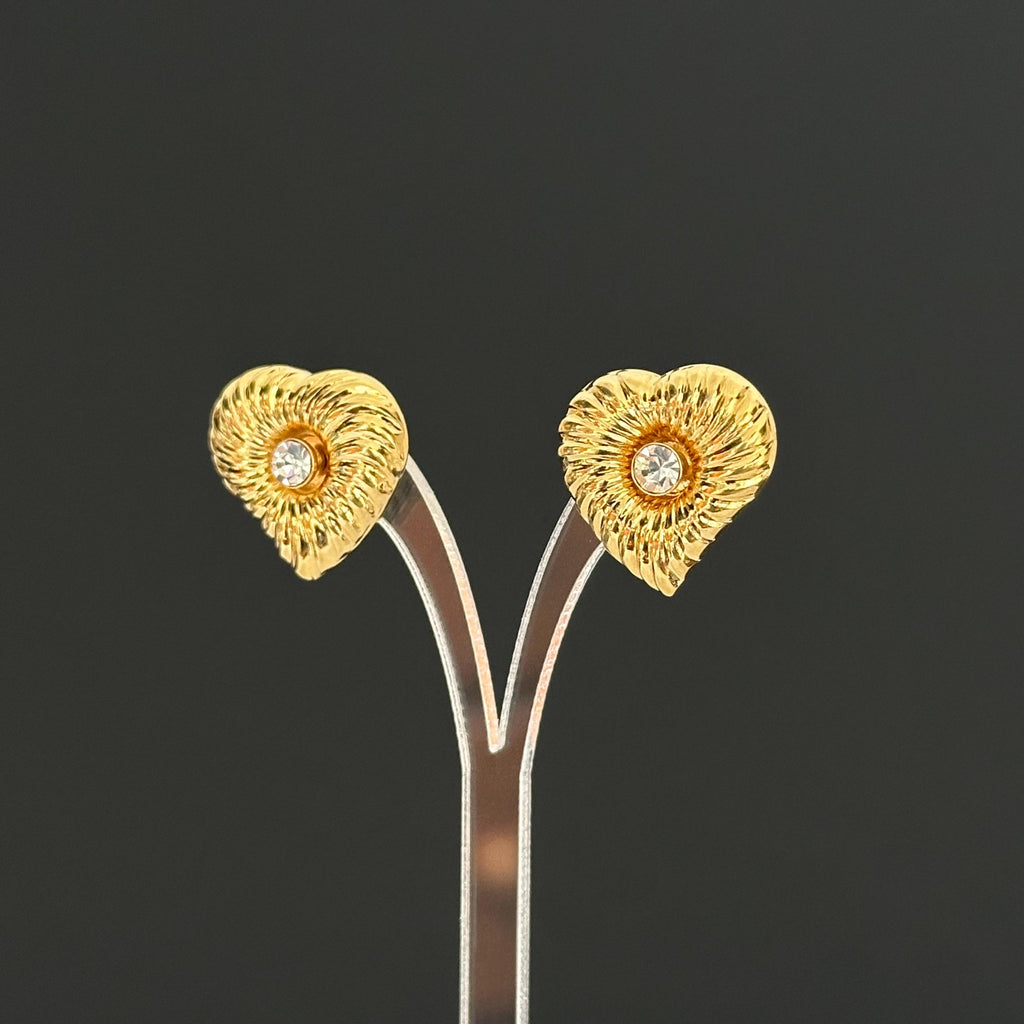 Vintage gold-tone heart earrings with rhinestone studs, 2-in-1 Design