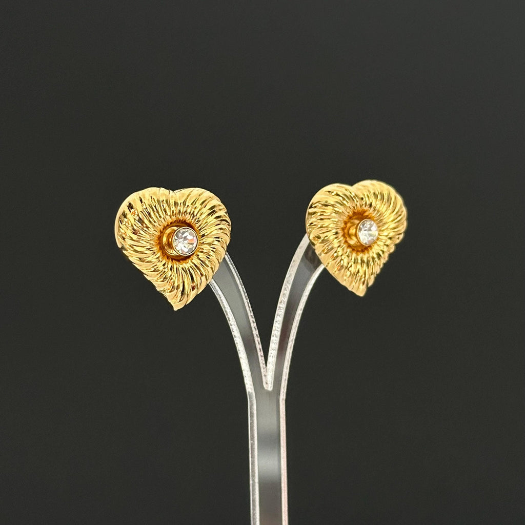 Vintage gold-tone heart earrings with rhinestone studs, 2-in-1 Design
