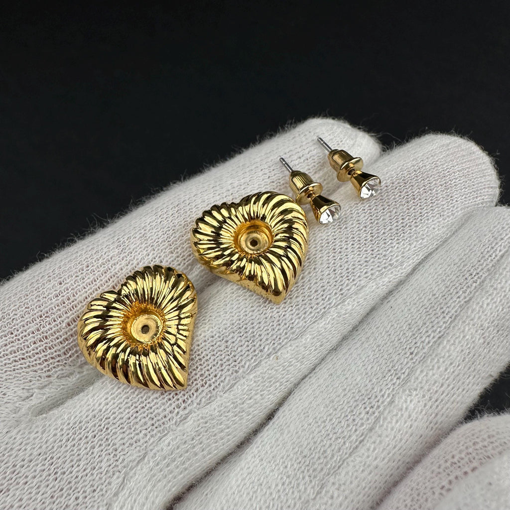 Vintage gold-tone heart earrings with rhinestone studs, 2-in-1 Design
