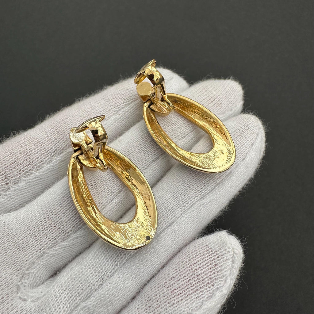Vintage gold tone and black enamel door knockers clip on earrings