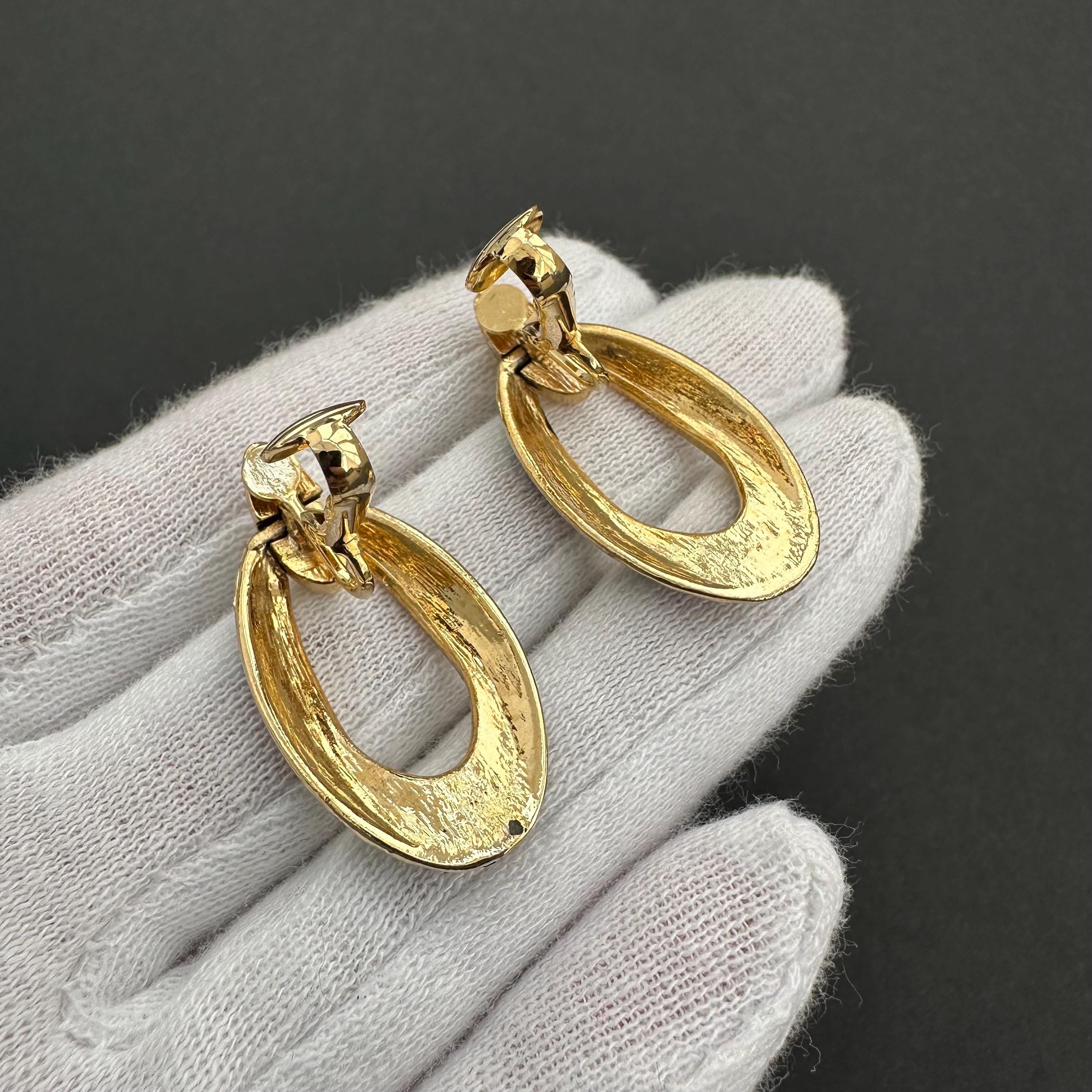 Vintage gold tone and black enamel door knockers clip on earrings