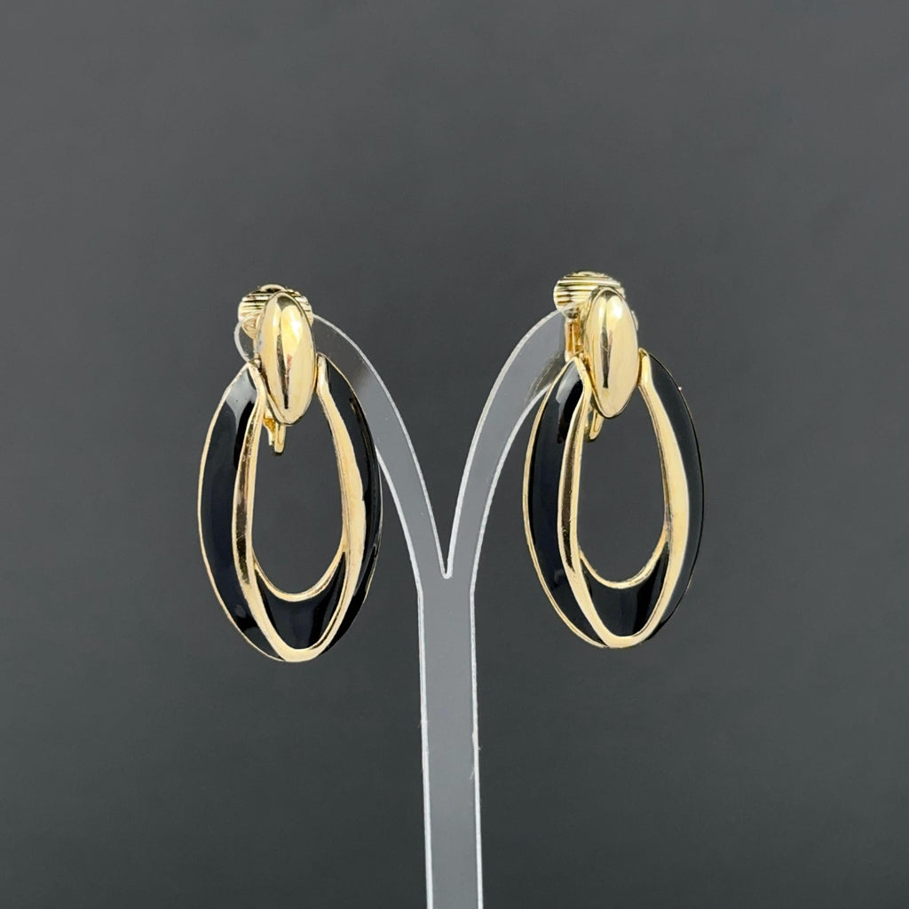 Vintage gold tone and black enamel door knockers clip on earrings