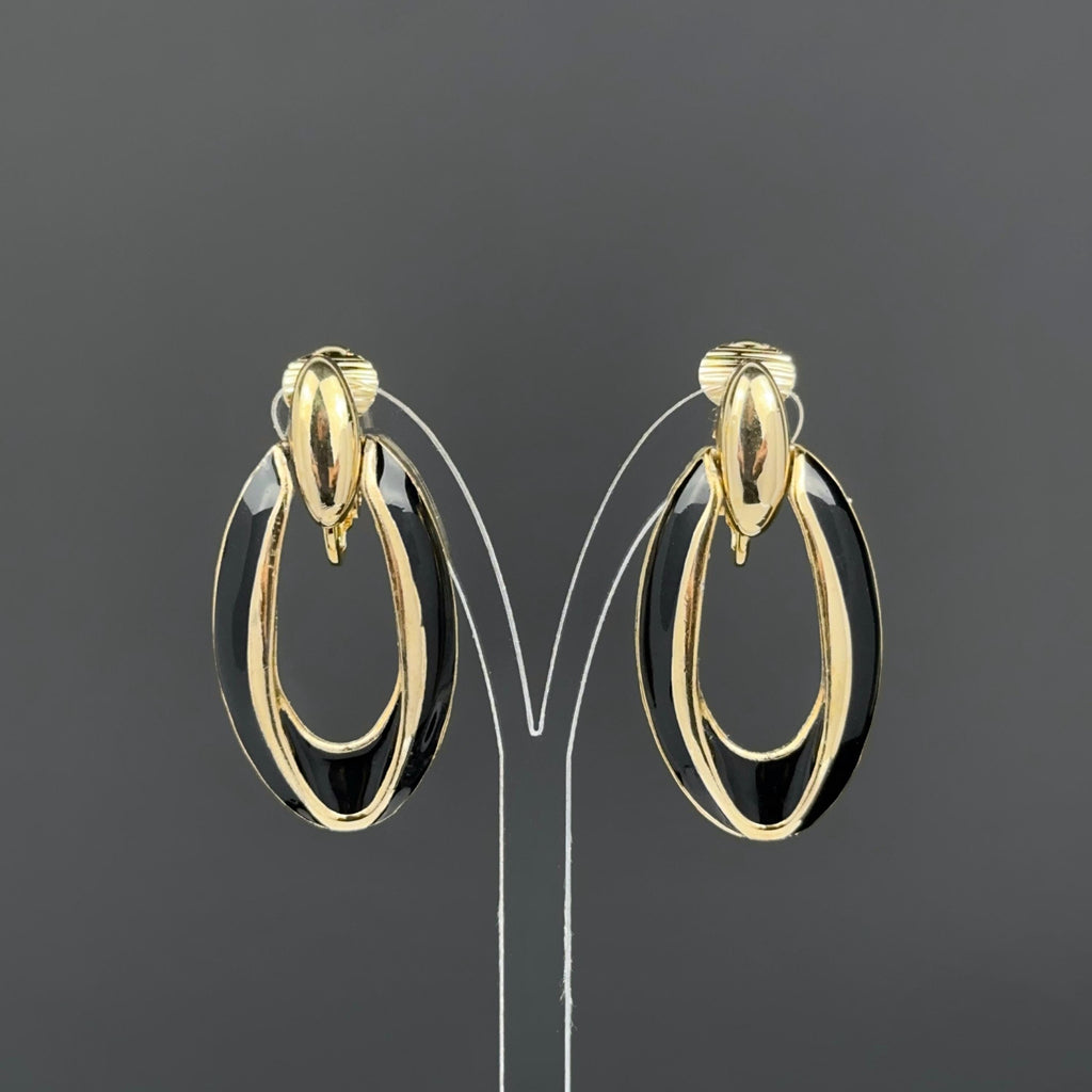 Vintage gold tone and black enamel door knockers clip on earrings