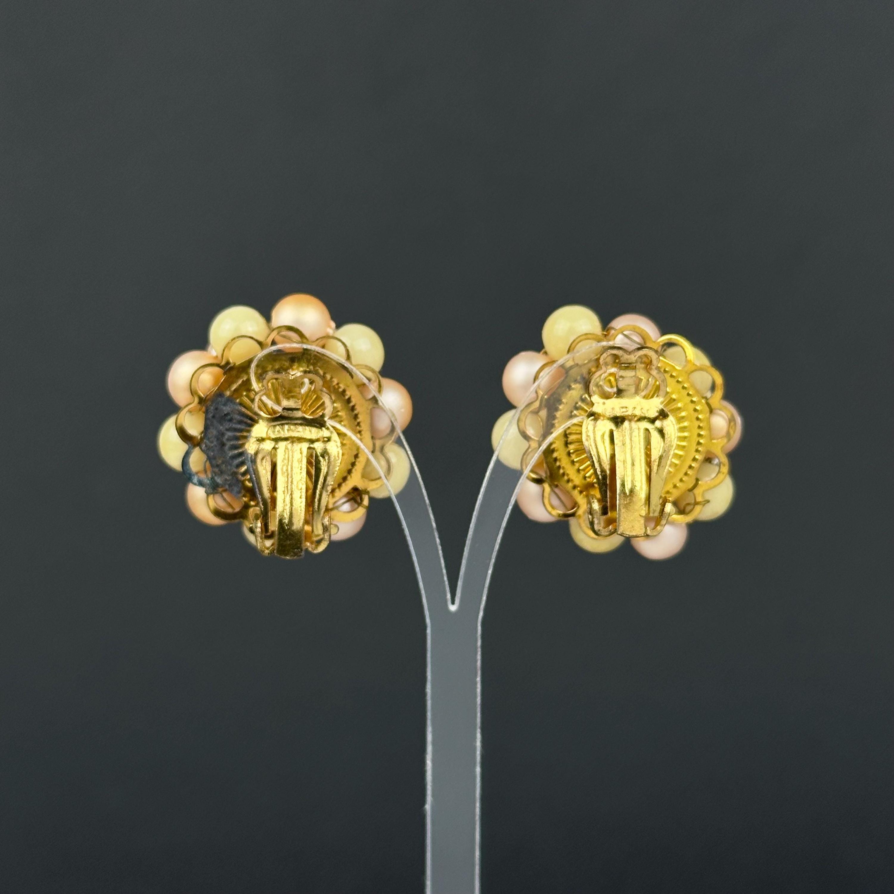 Vintage Japan peach & yellow beaded clip on earrings