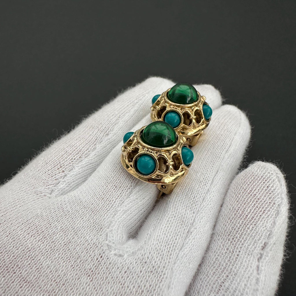 1928 Vintage Clip On Earrings: Emerald Green & Gold Tone