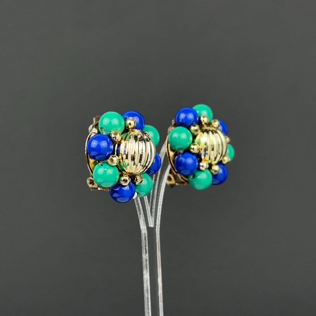 Vintage blue & green bead flower clip-on earrings
