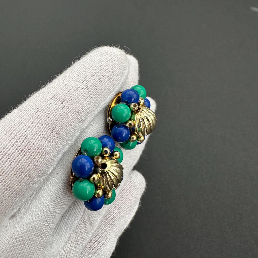 Vintage blue & green bead flower clip-on earrings
