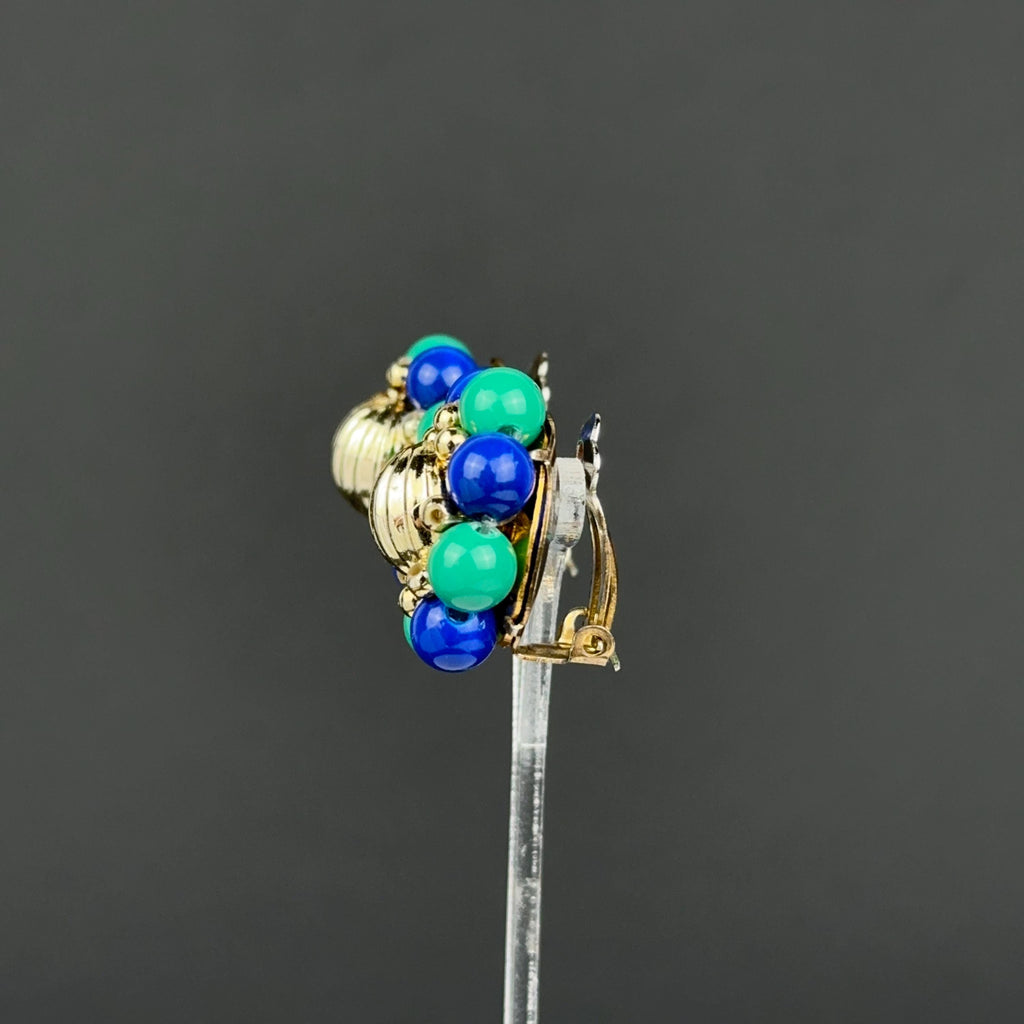 Vintage blue & green bead flower clip-on earrings