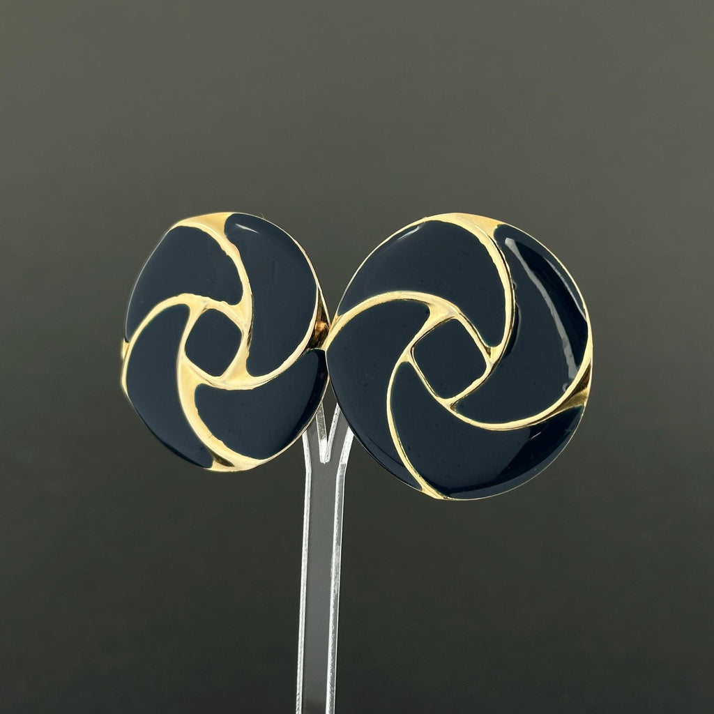 Vintage gold tone and navy blue enamel round clip on earrings