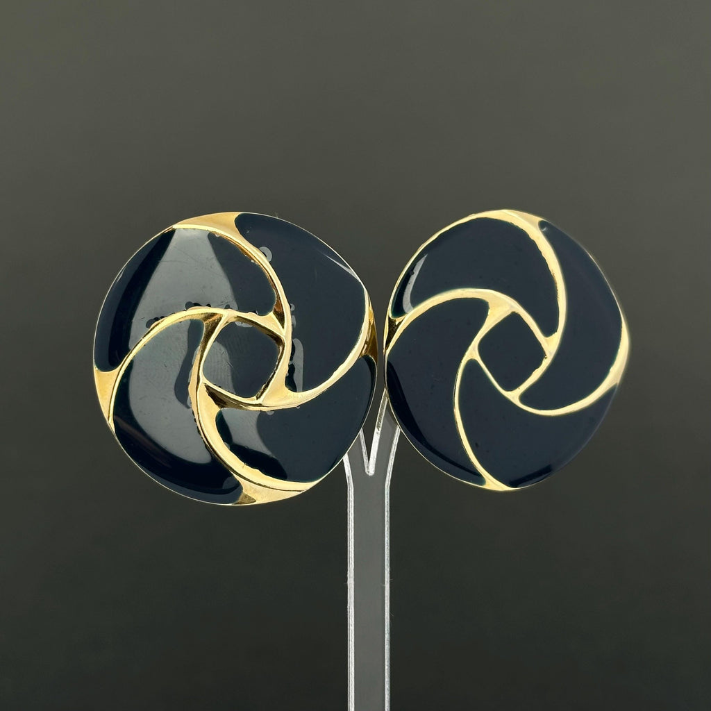 Vintage gold tone and navy blue enamel round clip on earrings