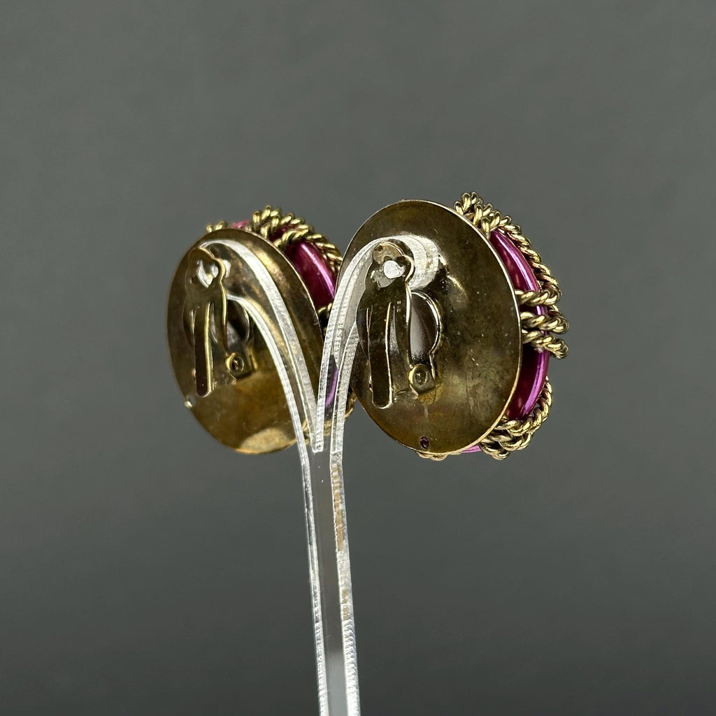 Vintage brass tone and fuchsia pink statement clip-on earrings