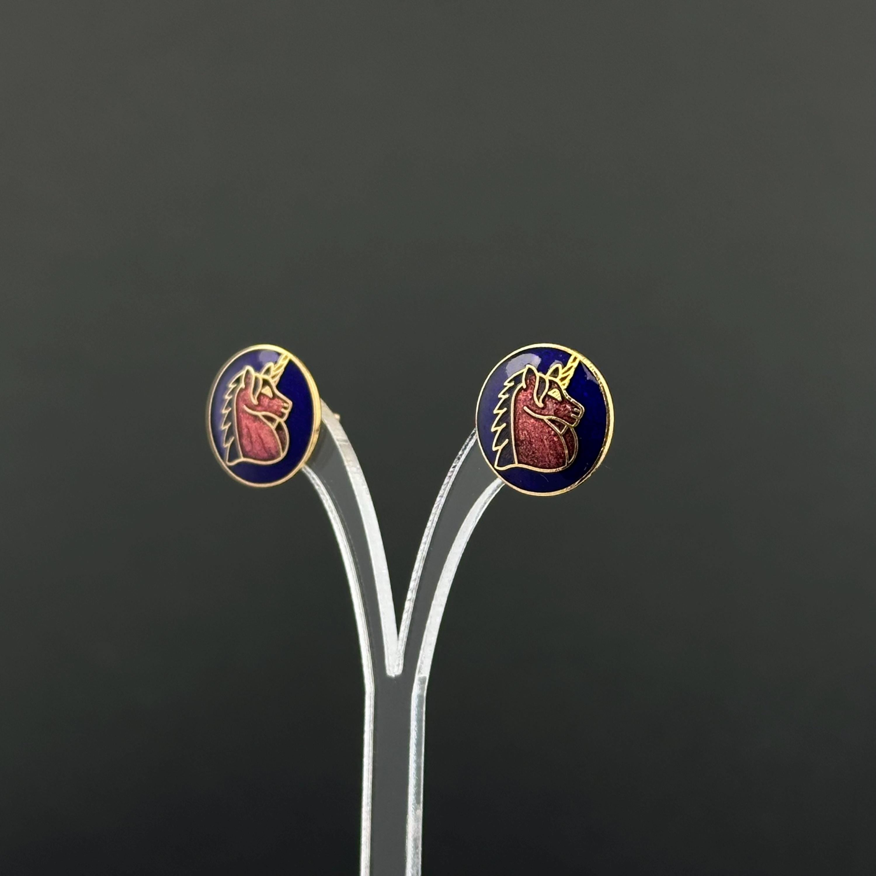 Vintage cloisonné enamel unicorn stud earrings