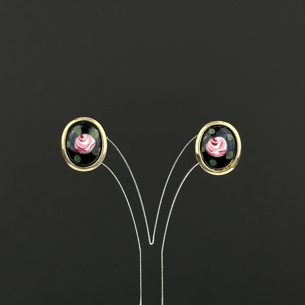Vintage floral and black enamel small stud earrings