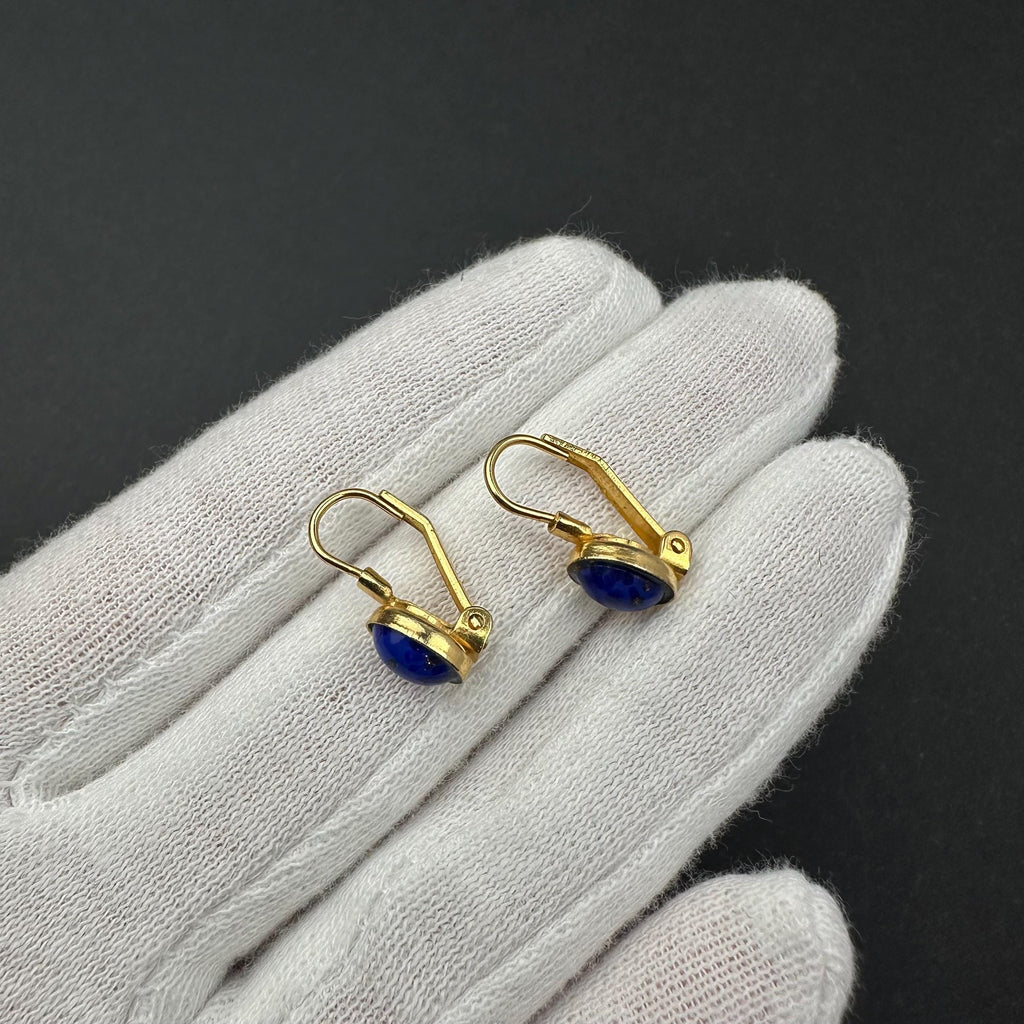 Vintage gold tone and blue cabochons drop earrings