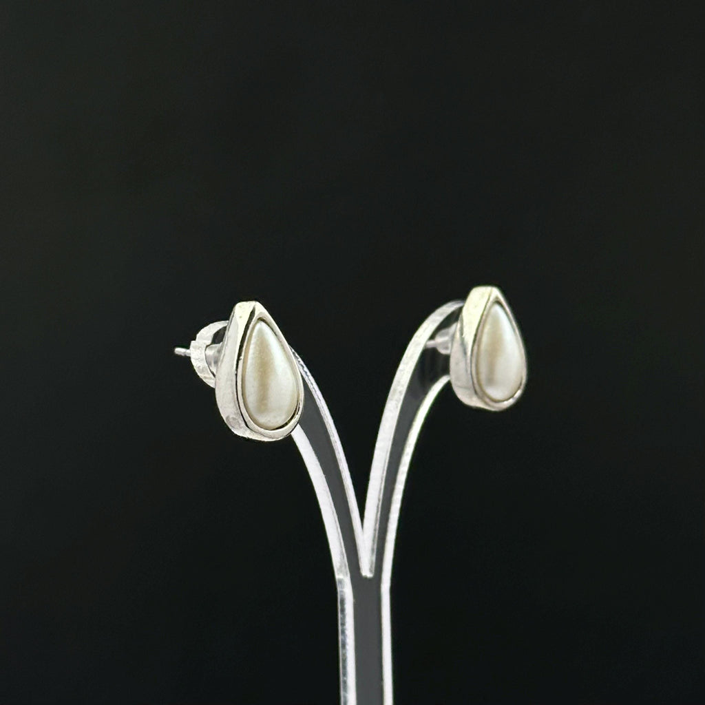 Vintage silver tone and faux pearl teardrop studs earrings