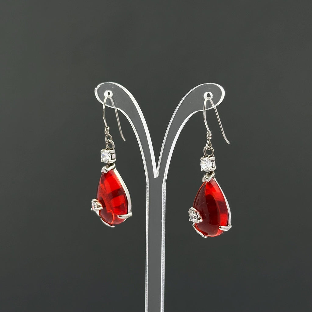 Vintage red teardrop and rhinestone dangle earrings