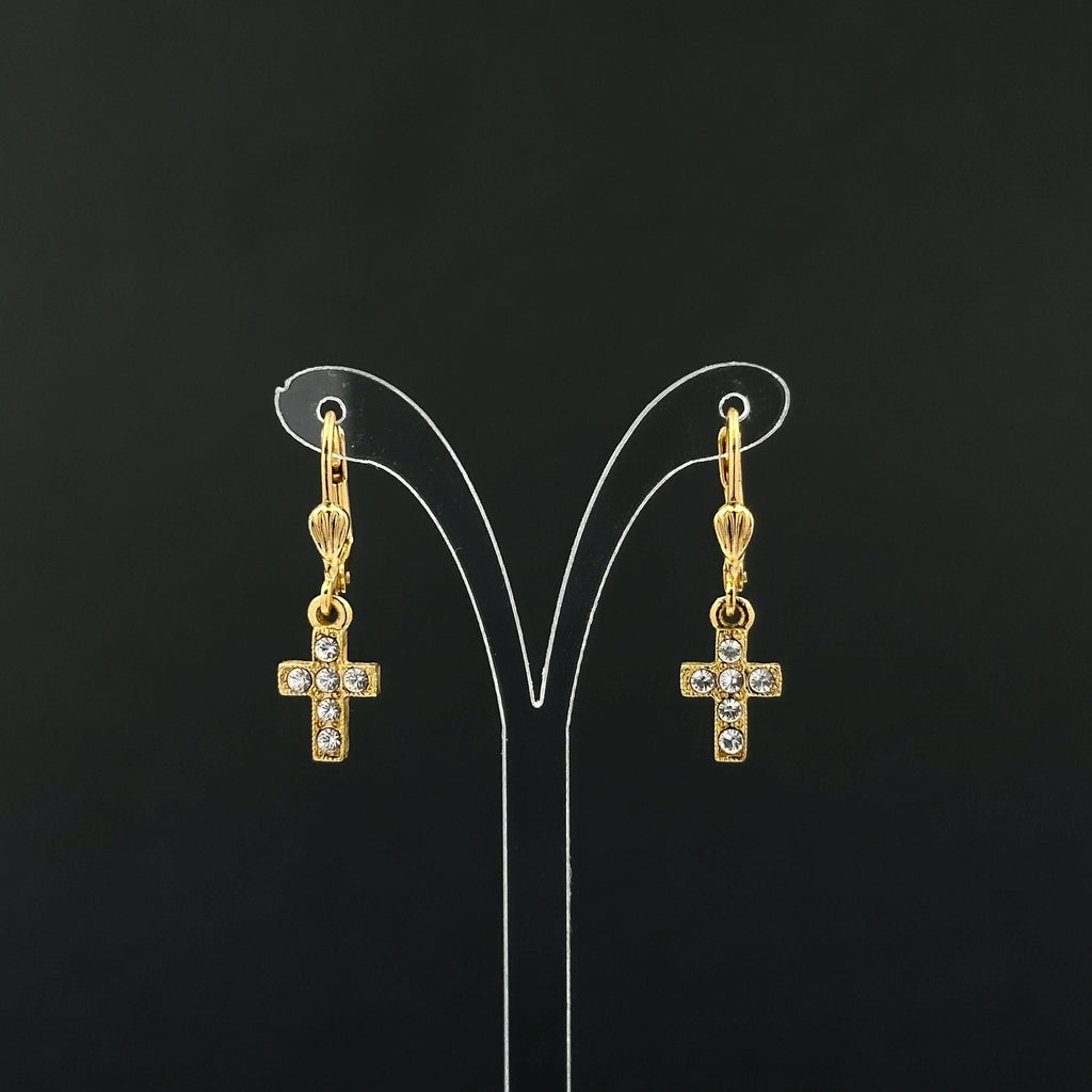 Vintage 1928 gold tone cross drop earrings with clear rhinestones