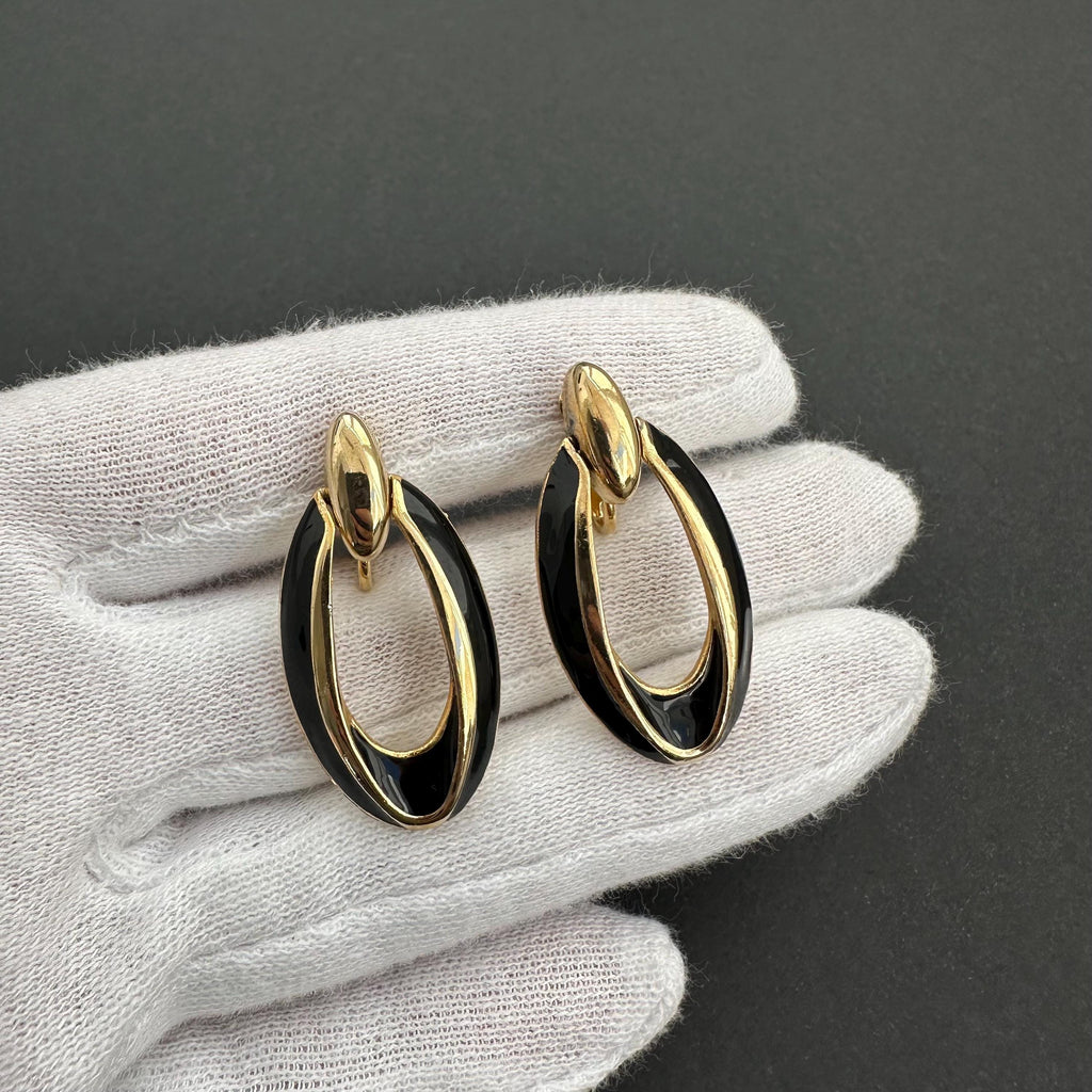 Vintage gold tone and black enamel door knockers clip on earrings