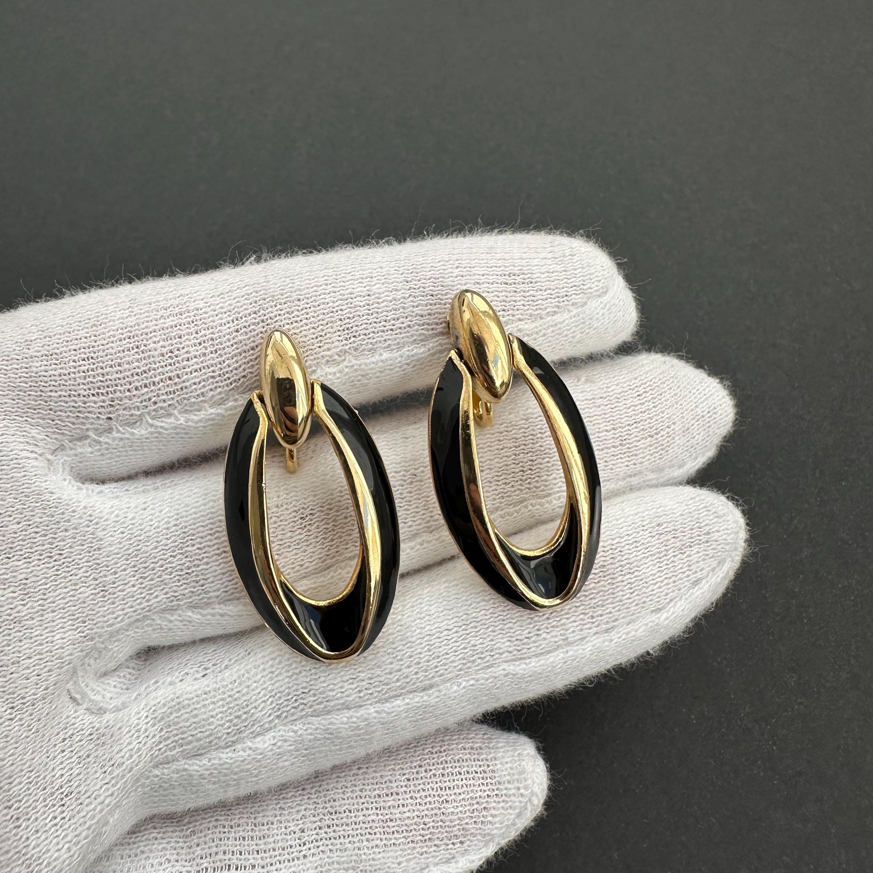 Vintage gold tone and black enamel door knockers clip on earrings
