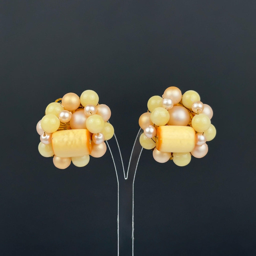 Vintage Japan peach & yellow beaded clip on earrings