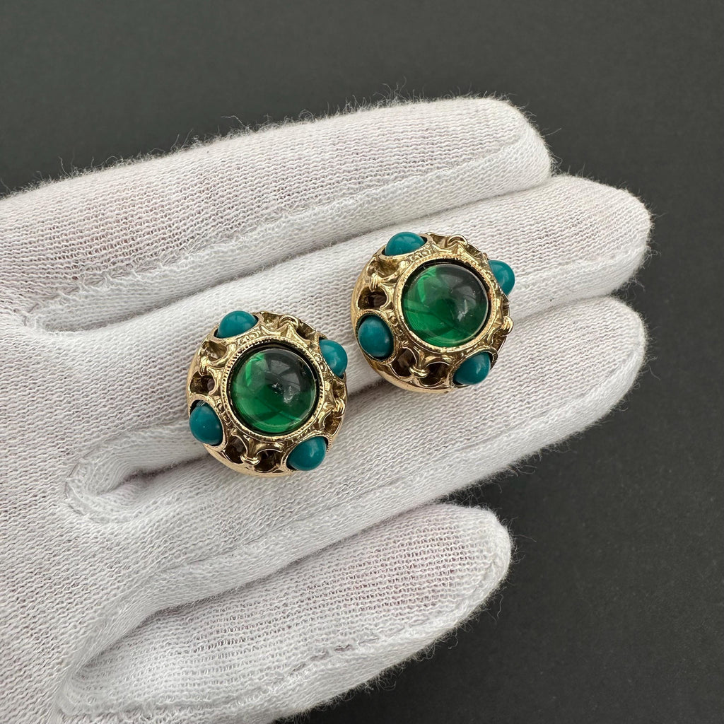 1928 Vintage Clip On Earrings: Emerald Green & Gold Tone