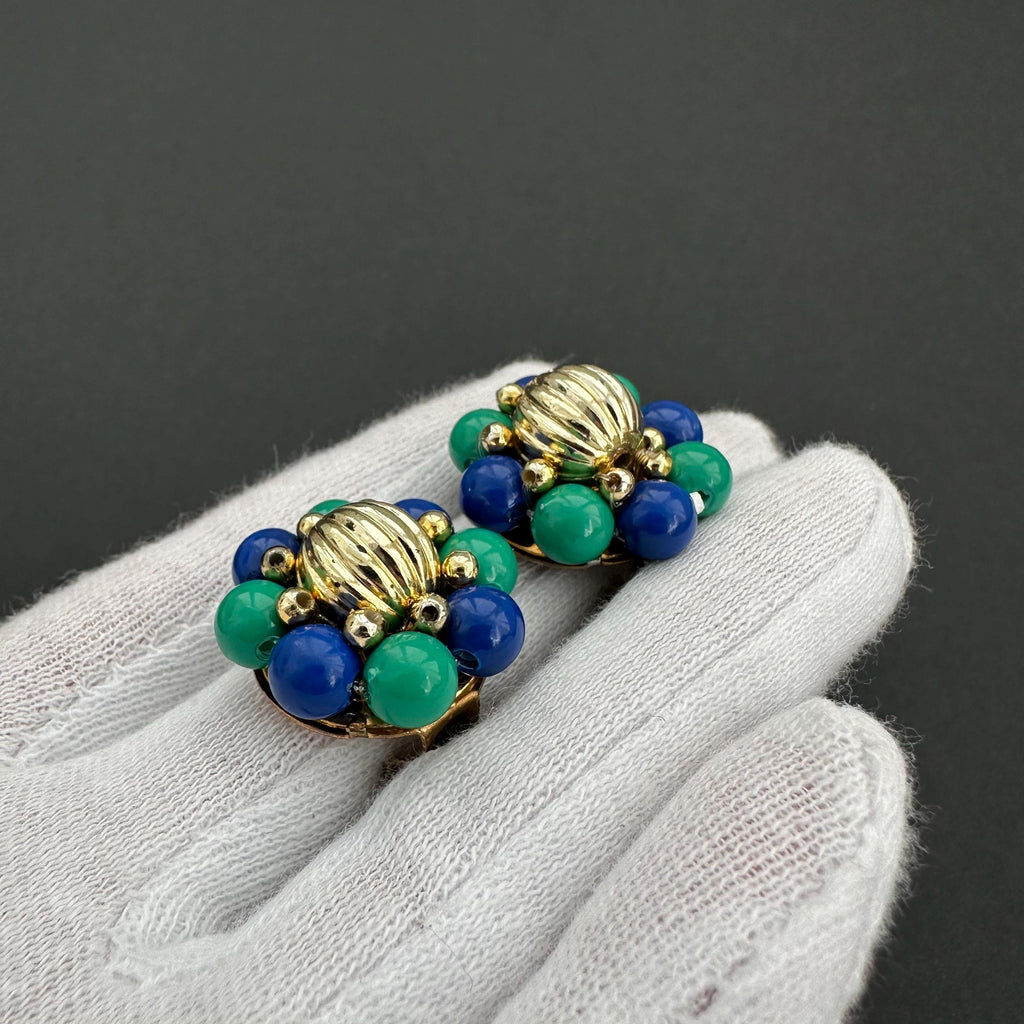 Vintage blue & green bead flower clip-on earrings