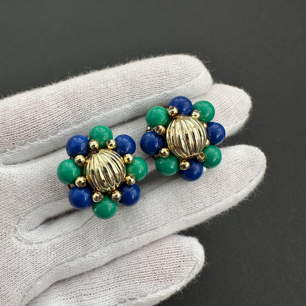 Vintage blue & green bead flower clip-on earrings
