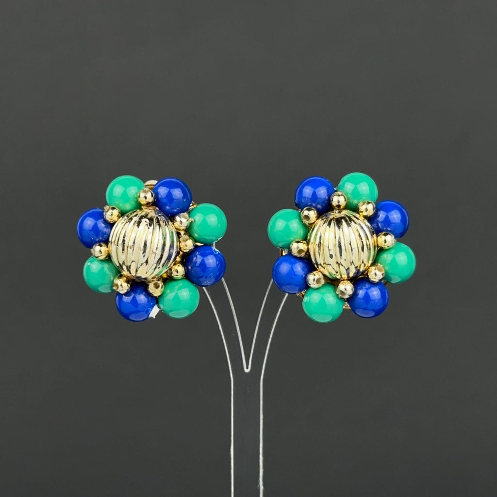 Vintage blue & green bead flower clip-on earrings