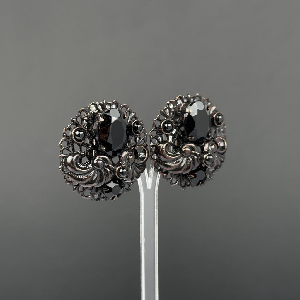Vintage black filigree clip on earrings