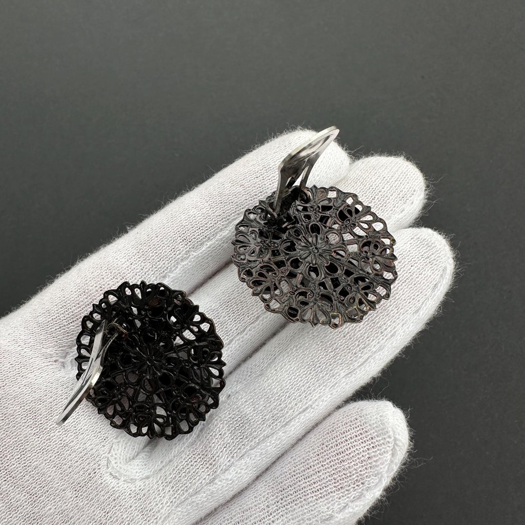 Vintage black filigree clip on earrings