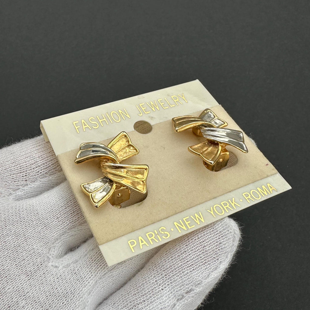Vintage two-tone bow clip on earrings
