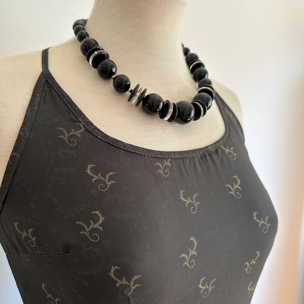 Vintage black plastic bead statement necklace