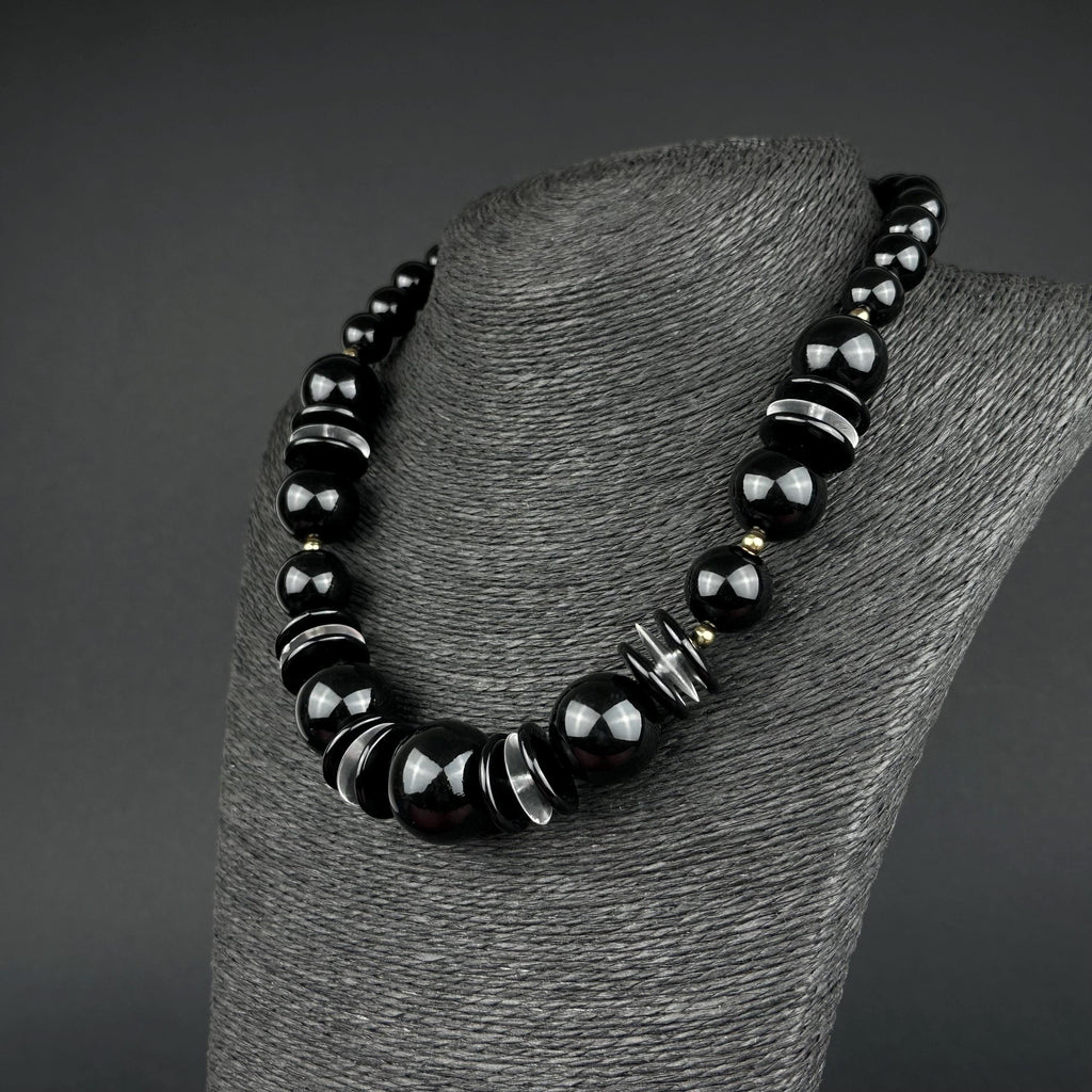Vintage black plastic bead statement necklace