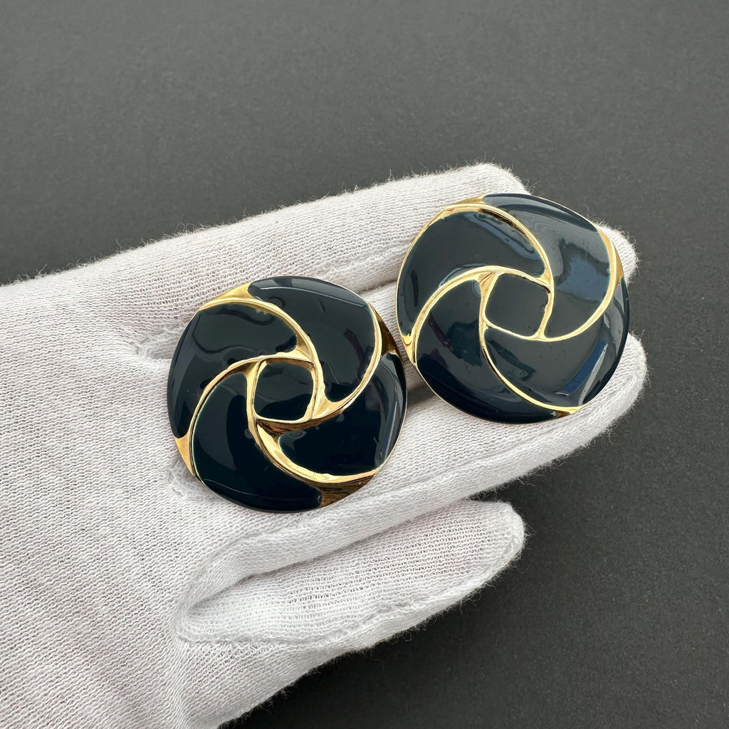 Vintage gold tone and navy blue enamel round clip on earrings