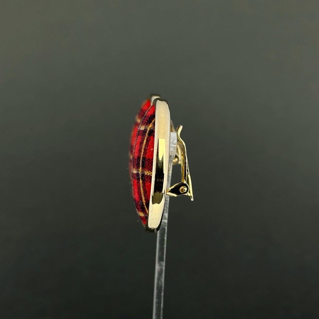 Vintage gold tone and red tartan statement clip-on earrings